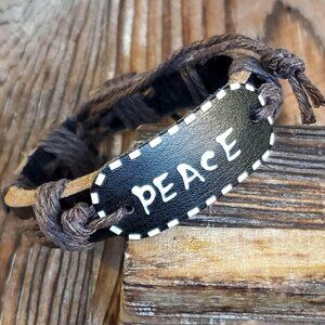 Handmade Leather Peace Affirmation Bracelet Black Brown White Adjustable